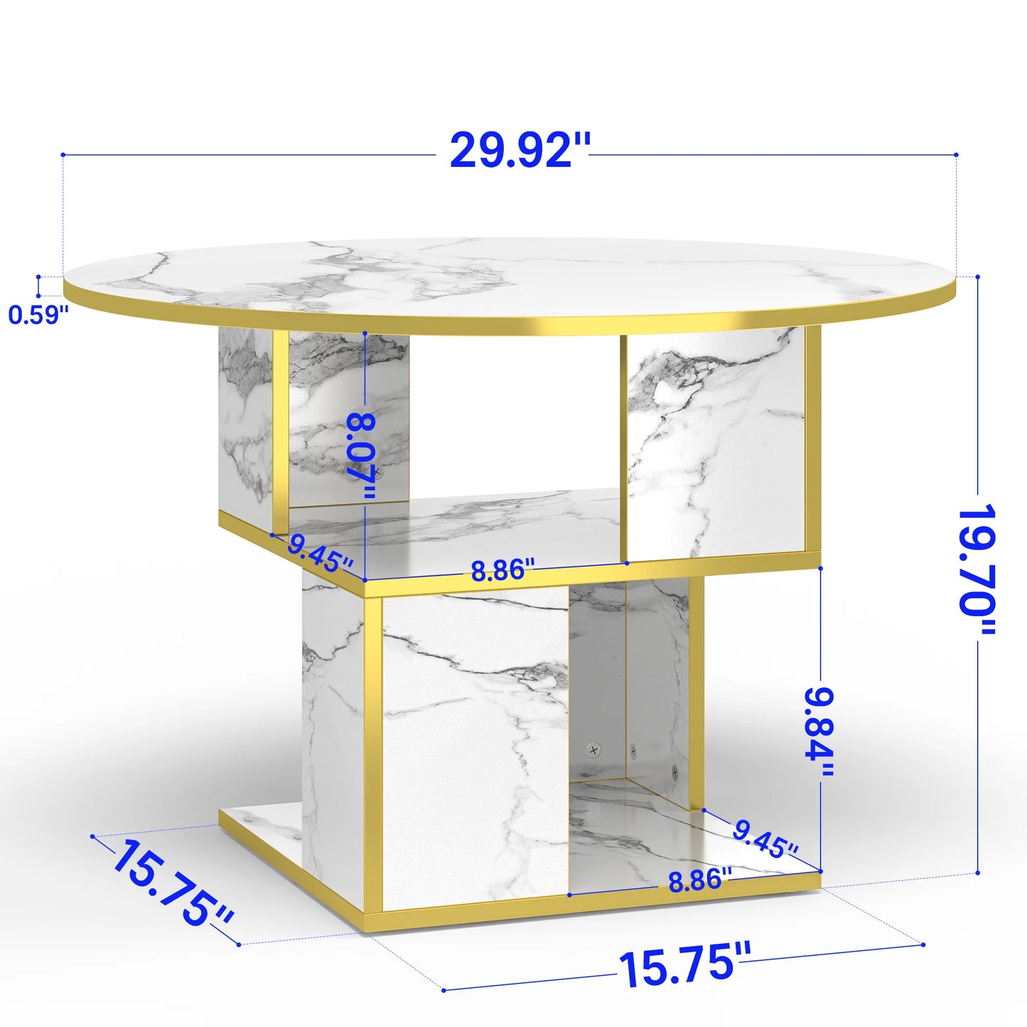 3-Tier round Coffee Table with Storage, Modern Coffee Table for Living Room, Wooden Tabletop-Marble White with Gold Frame