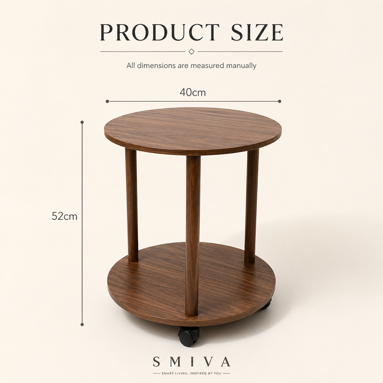 SMIVA Orbit 2-Tier Round Side Table with Wheels – Modern Mobile Sofa End Table