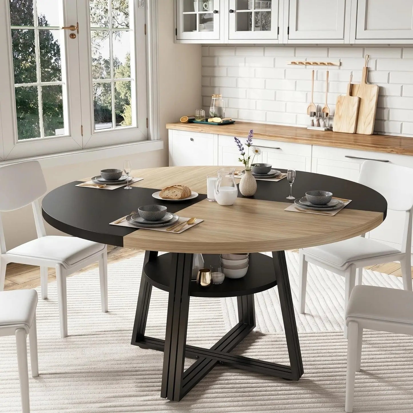 Farmhouse round Dining Table 47 Inch, Scratch-Proof Wood Top Dinner Table with under Table Open Storage Shelf, Reinforced Metal Cross Legs, Seats 4-6 for Kitchen Dining Room Small Apartment