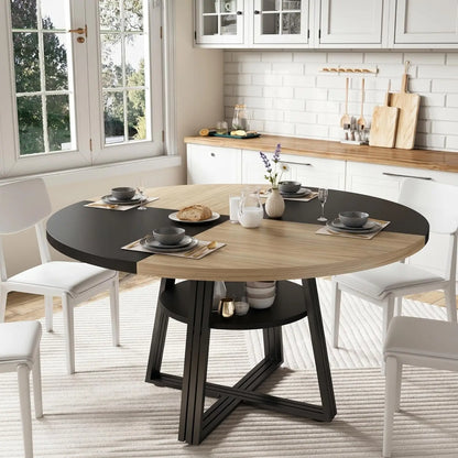 Farmhouse round Dining Table 47 Inch, Scratch-Proof Wood Top Dinner Table with under Table Open Storage Shelf, Reinforced Metal Cross Legs, Seats 4-6 for Kitchen Dining Room Small Apartment