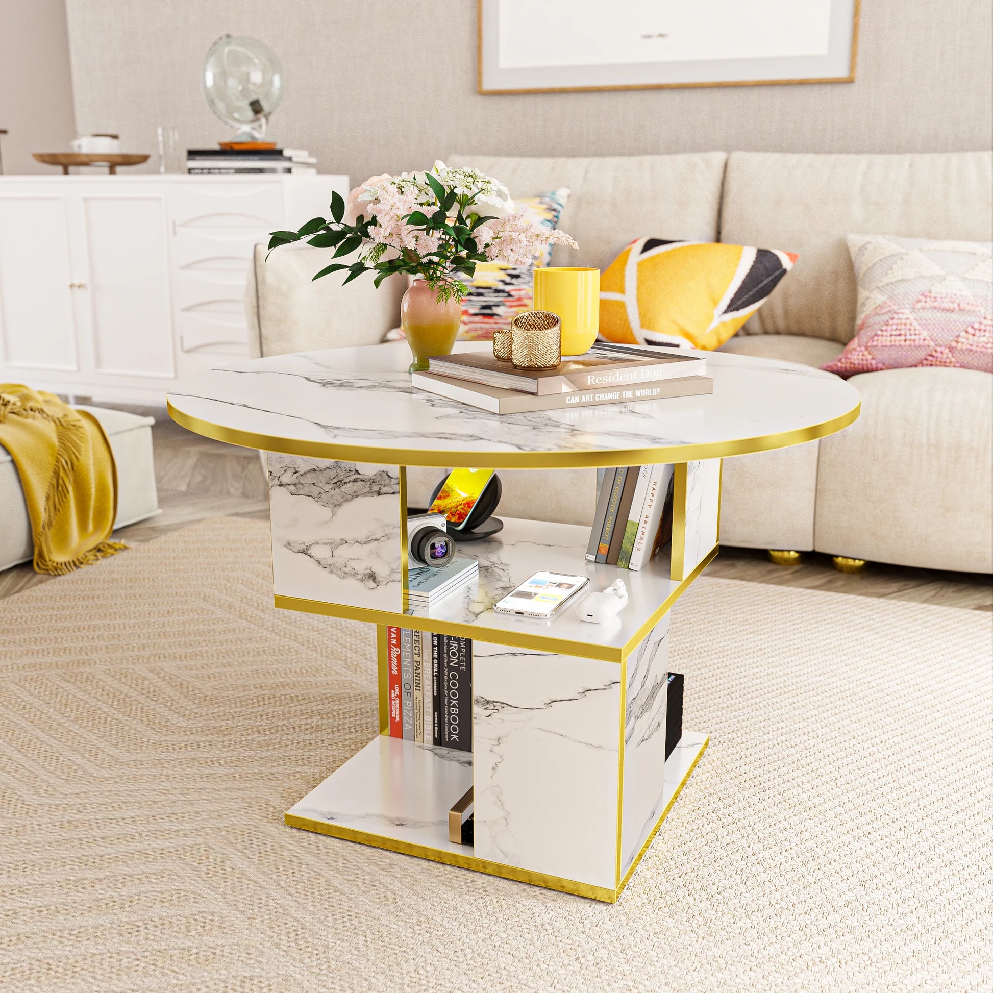 3-Tier round Coffee Table with Storage, Modern Coffee Table for Living Room, Wooden Tabletop-Marble White with Gold Frame