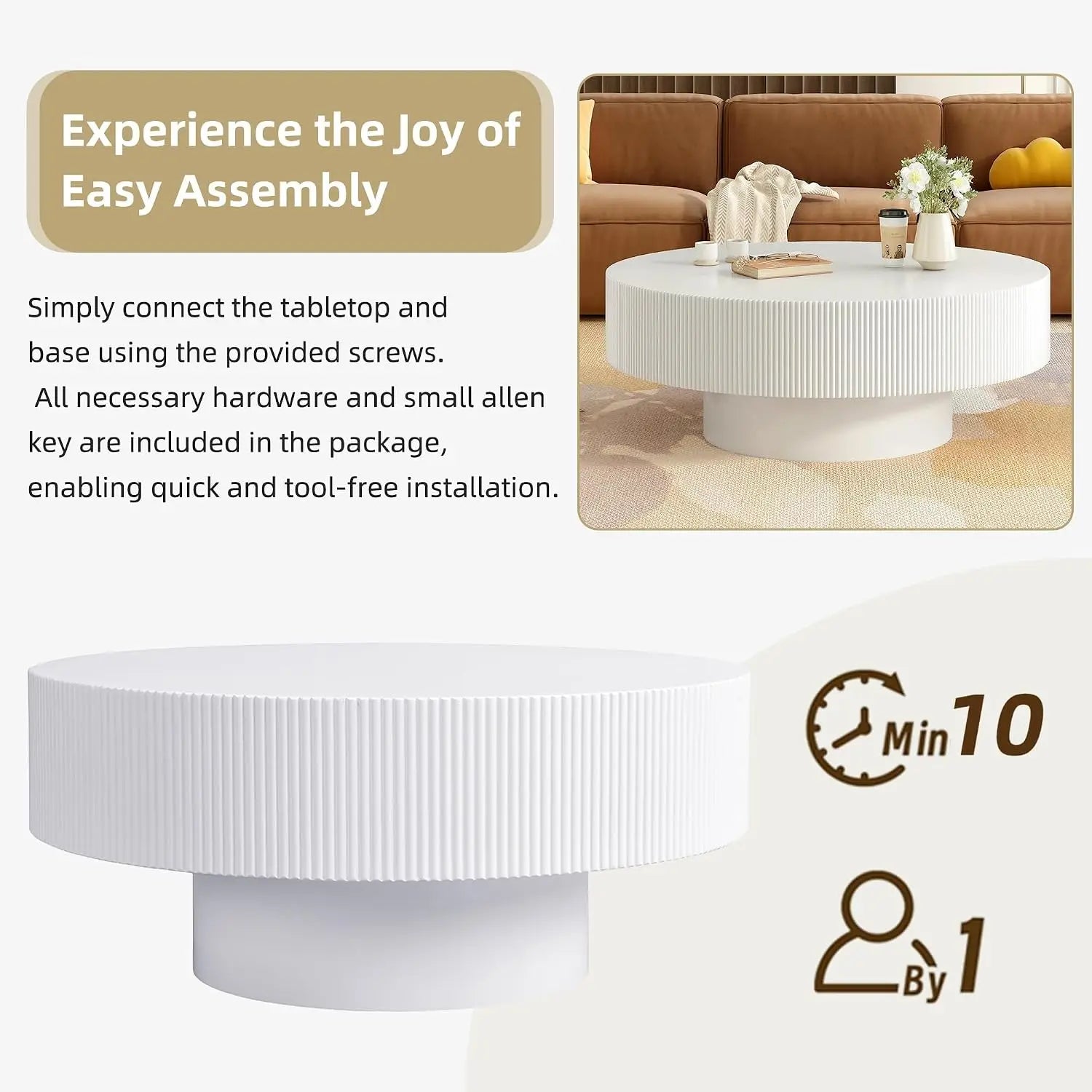 Modern round Coffee Table with Sturdy Circular Base, Wood Center Table for Living Room Reception Room Office, Easy Assembly Circular Accent Furniture Piece, White