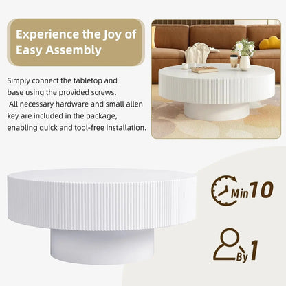 Modern round Coffee Table with Sturdy Circular Base, Wood Center Table for Living Room Reception Room Office, Easy Assembly Circular Accent Furniture Piece, White