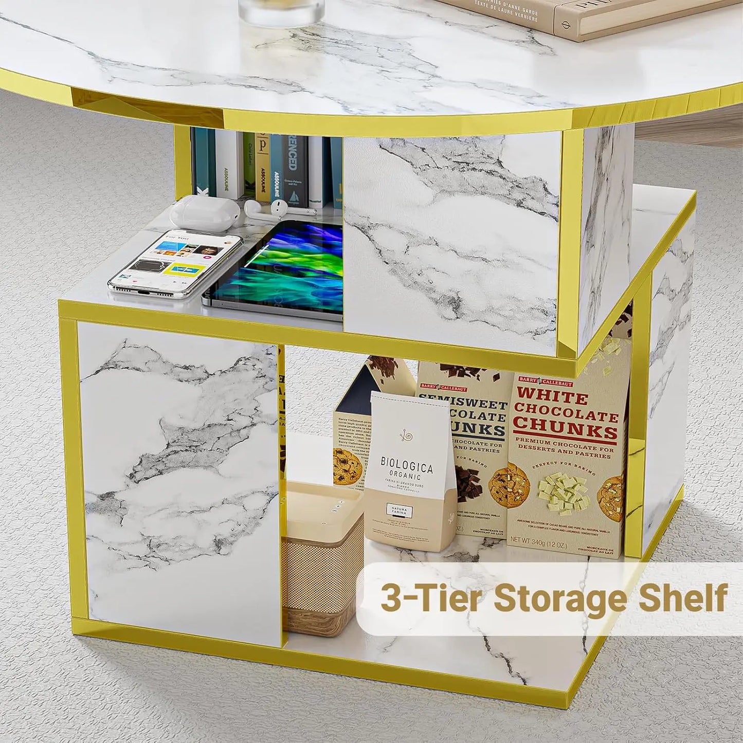 3-Tier round Coffee Table with Storage, Modern Coffee Table for Living Room, Wooden Tabletop-Marble White with Gold Frame