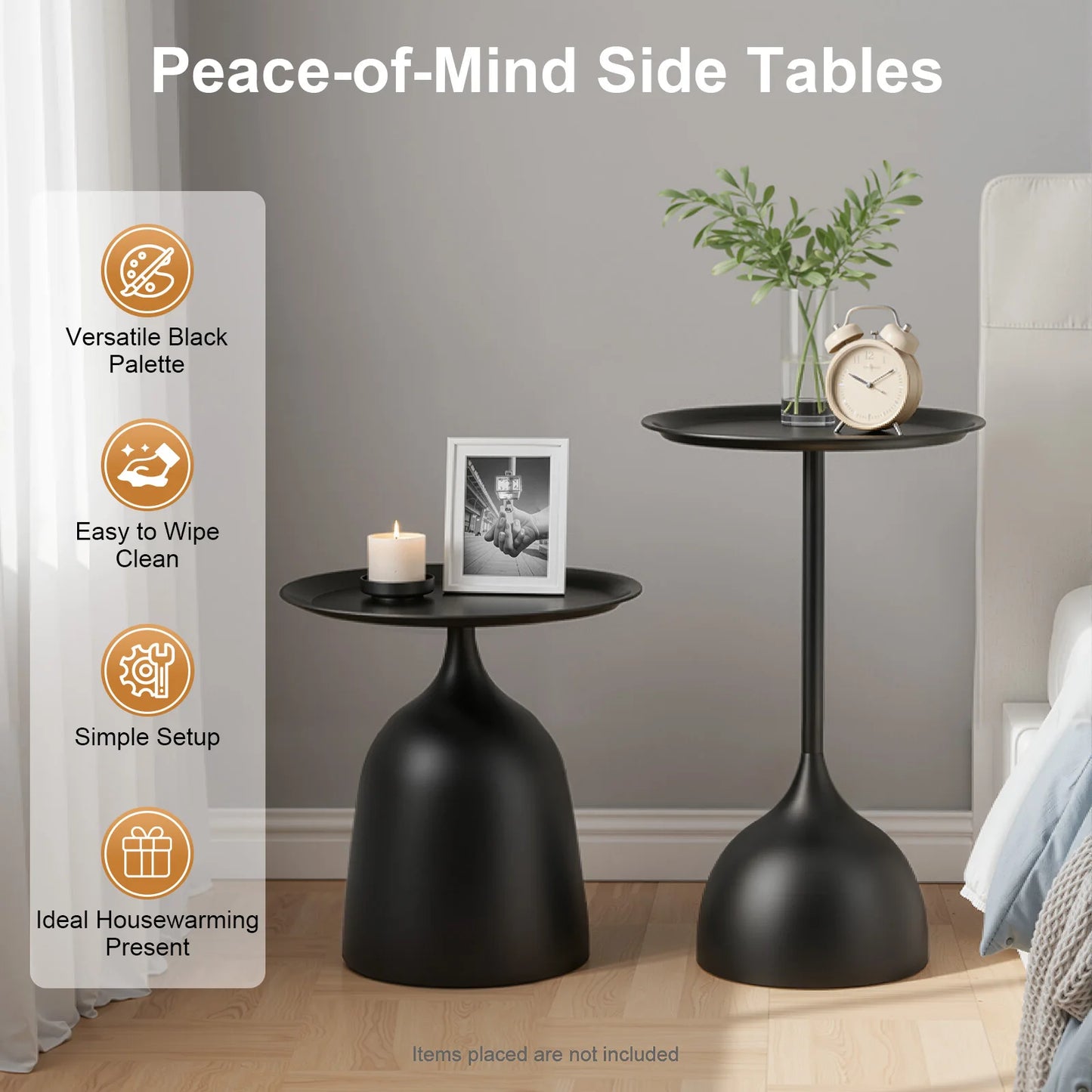 2 Sizes Nesting Iron round Side Tables Matte Black High-Temp Baking Anti-Scratch Rustproof Raised Edge Prevent Item Slip Wide Stable Base Each Holds 4KG Fast Assembly Modern End Table for Living Room Bedroom Balcony Practical Housewarming Gift