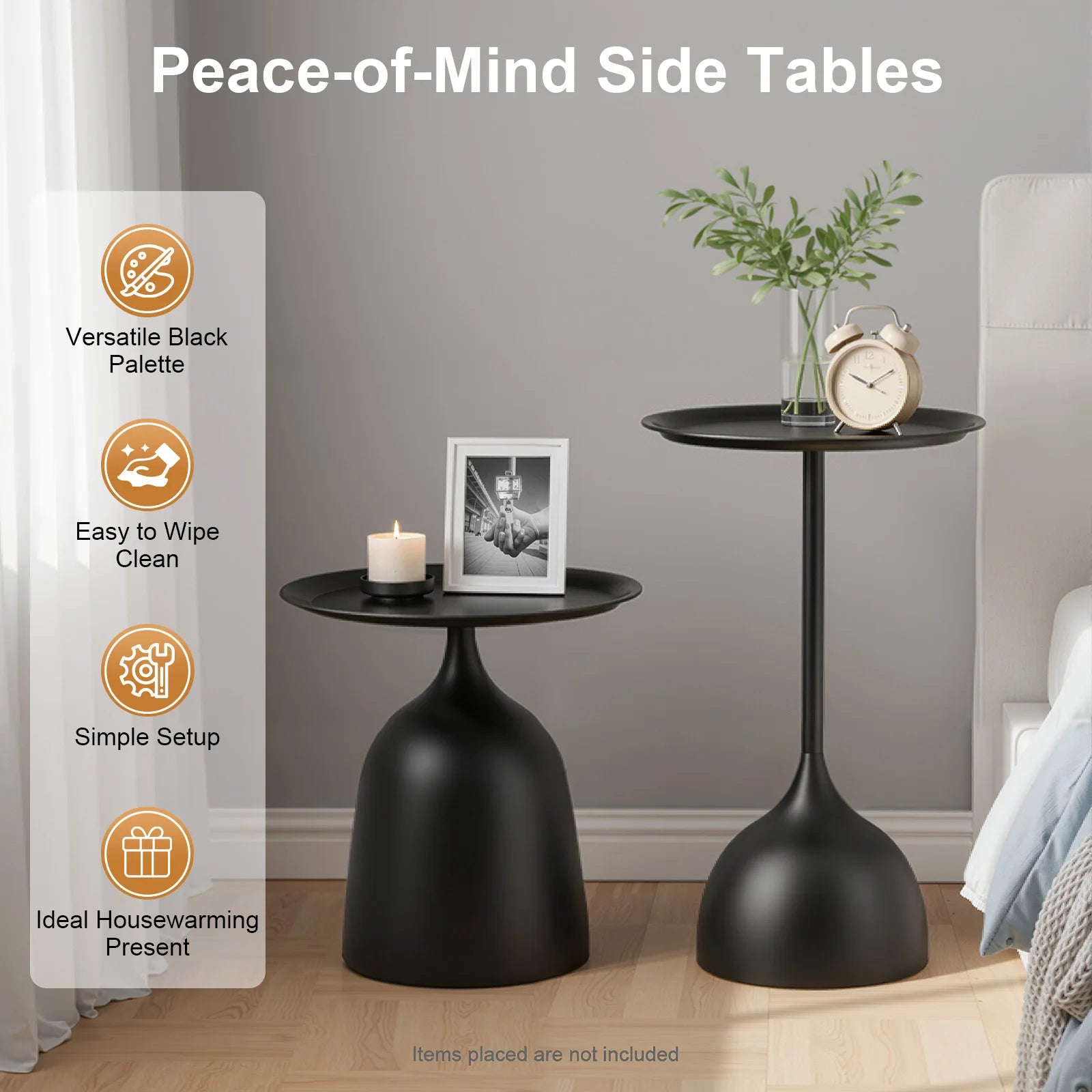 2 Sizes Nesting Iron round Side Tables Matte Black High-Temp Baking Anti-Scratch Rustproof Raised Edge Prevent Item Slip Wide Stable Base Each Holds 4KG Fast Assembly Modern End Table for Living Room Bedroom Balcony Practical Housewarming Gift