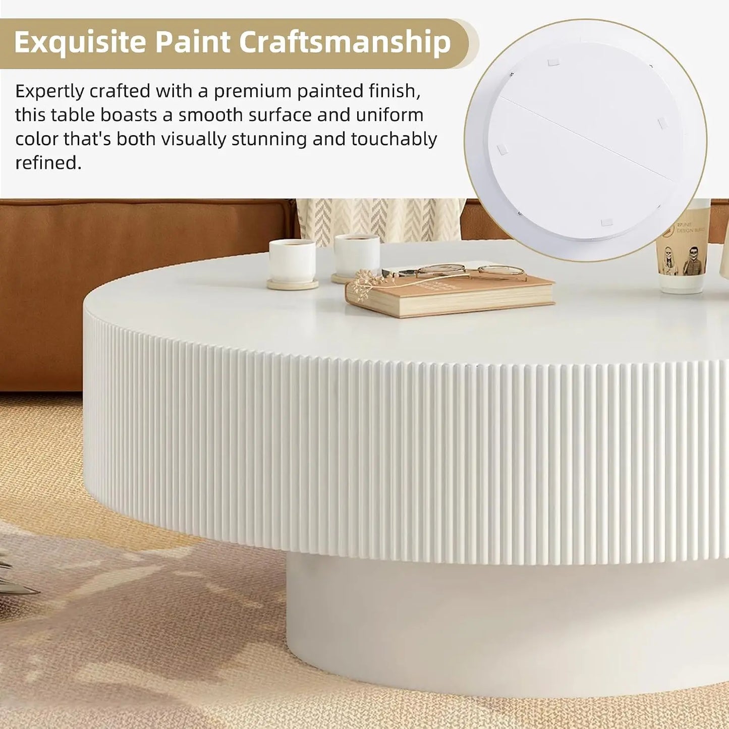 Modern round Coffee Table with Sturdy Circular Base, Wood Center Table for Living Room Reception Room Office, Easy Assembly Circular Accent Furniture Piece, White