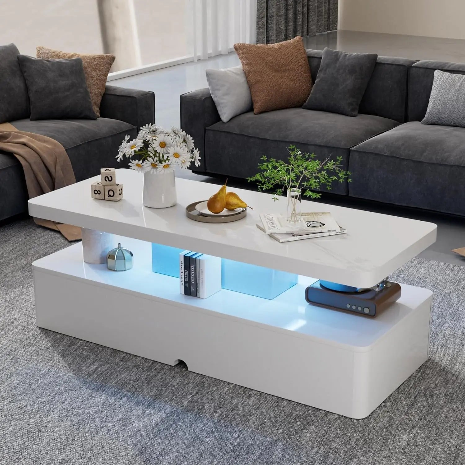 40" Modern Living Room Tables, LED Coffee Table with LED Lights, 2 Tier Rectangular Center Table with Large, Customized