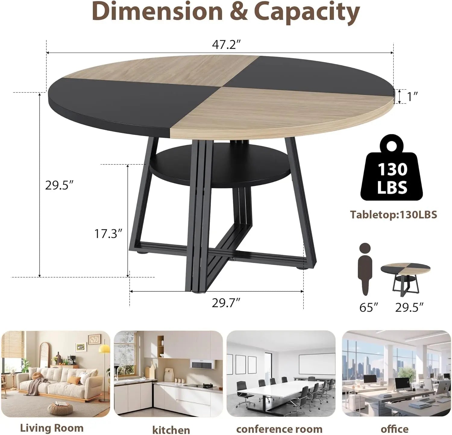 Farmhouse round Dining Table 47 Inch, Scratch-Proof Wood Top Dinner Table with under Table Open Storage Shelf, Reinforced Metal Cross Legs, Seats 4-6 for Kitchen Dining Room Small Apartment