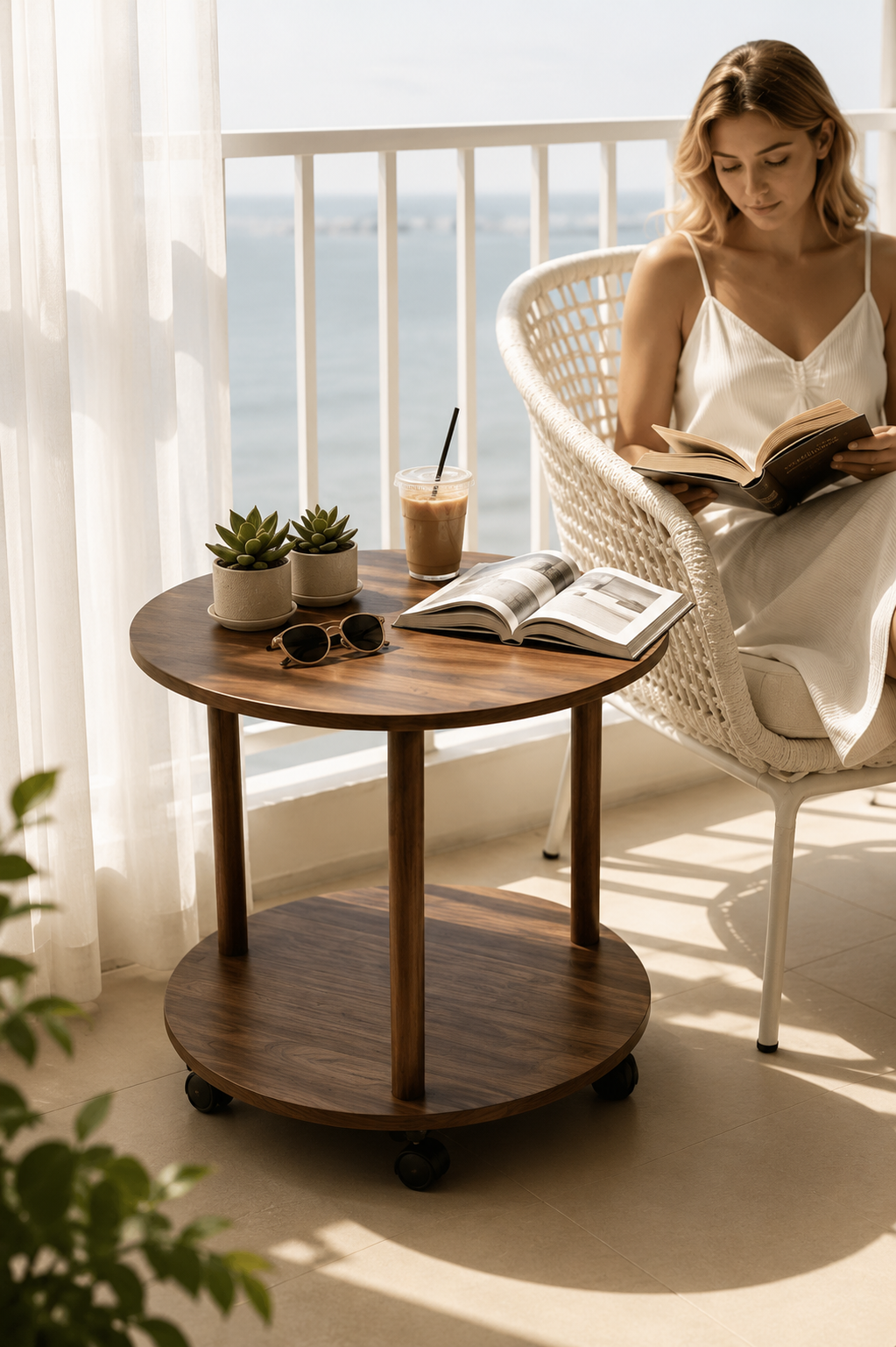 SMIVA Orbit 2-Tier Round Side Table with Wheels – Modern Mobile Sofa End Table