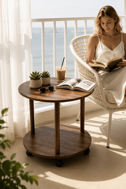 SMIVA Orbit 2-Tier Round Side Table with Wheels – Modern Mobile Sofa End Table