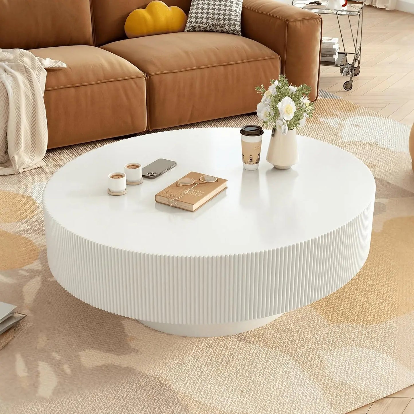 Modern round Coffee Table with Sturdy Circular Base, Wood Center Table for Living Room Reception Room Office, Easy Assembly Circular Accent Furniture Piece, White