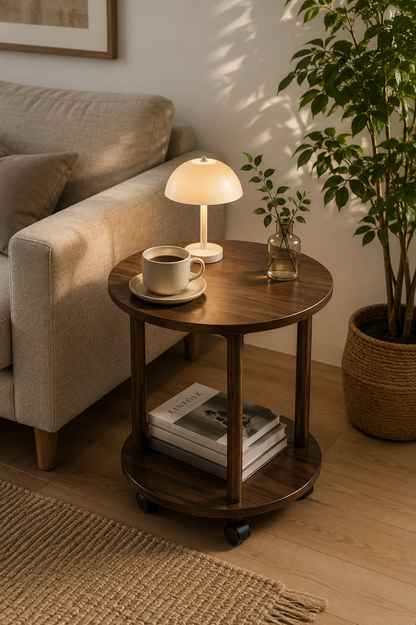 SMIVA Orbit 2-Tier Round Side Table with Wheels – Modern Mobile Sofa End Table