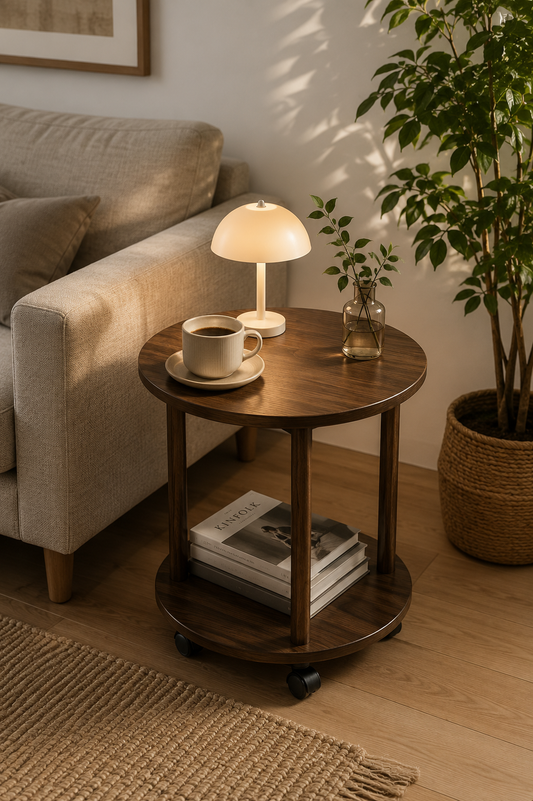 SMIVA Orbit 2-Tier Round Side Table with Wheels – Modern Mobile Sofa End Table