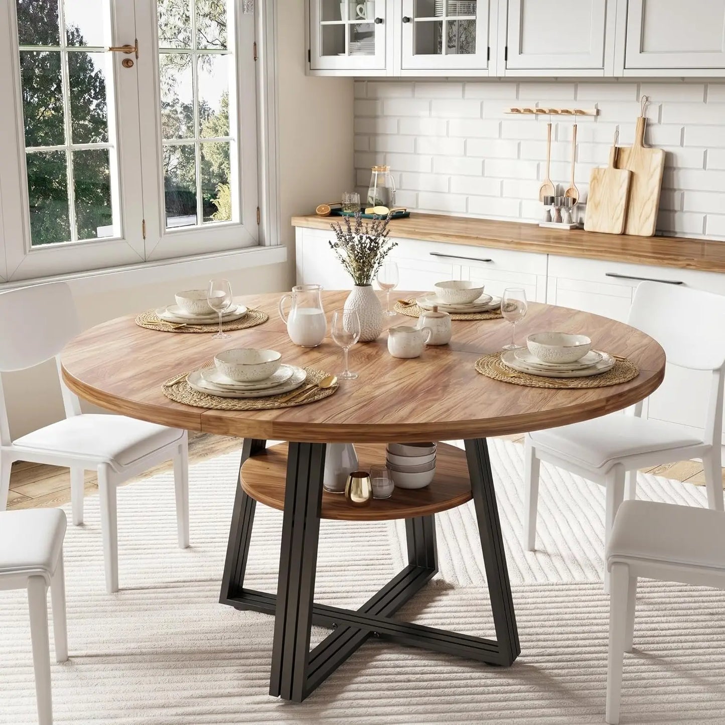 Farmhouse round Dining Table 47 Inch, Scratch-Proof Wood Top Dinner Table with under Table Open Storage Shelf, Reinforced Metal Cross Legs, Seats 4-6 for Kitchen Dining Room Small Apartment