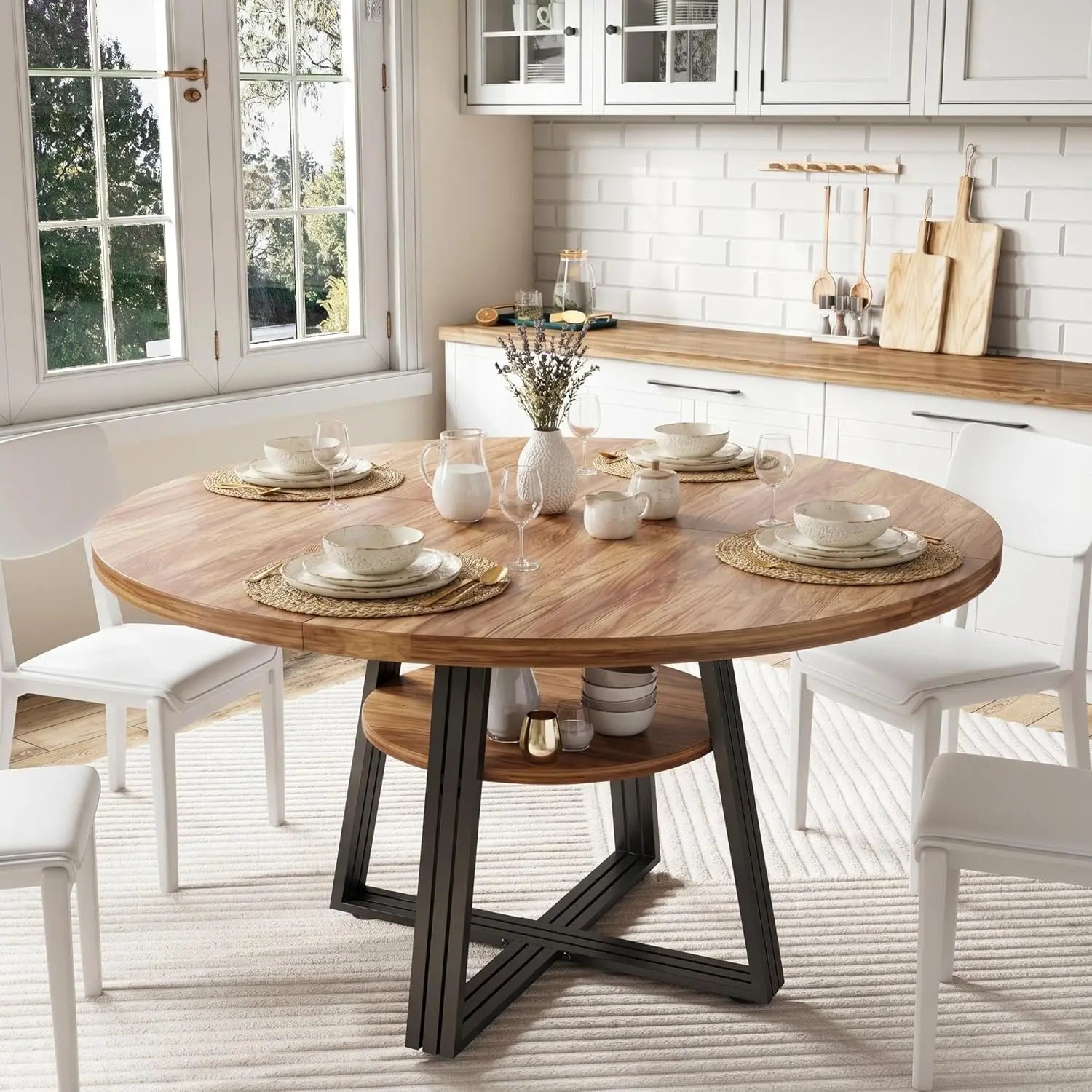 Farmhouse round Dining Table 47 Inch, Scratch-Proof Wood Top Dinner Table with under Table Open Storage Shelf, Reinforced Metal Cross Legs, Seats 4-6 for Kitchen Dining Room Small Apartment