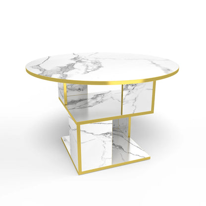 3-Tier round Coffee Table with Storage, Modern Coffee Table for Living Room, Wooden Tabletop-Marble White with Gold Frame