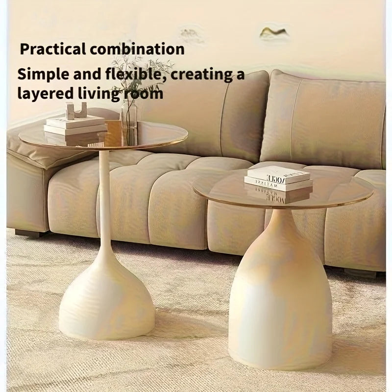 Modern round Side Table with Tempered Glass Top & Metal Frame - Small Accent Table for Living Room, Bedroom