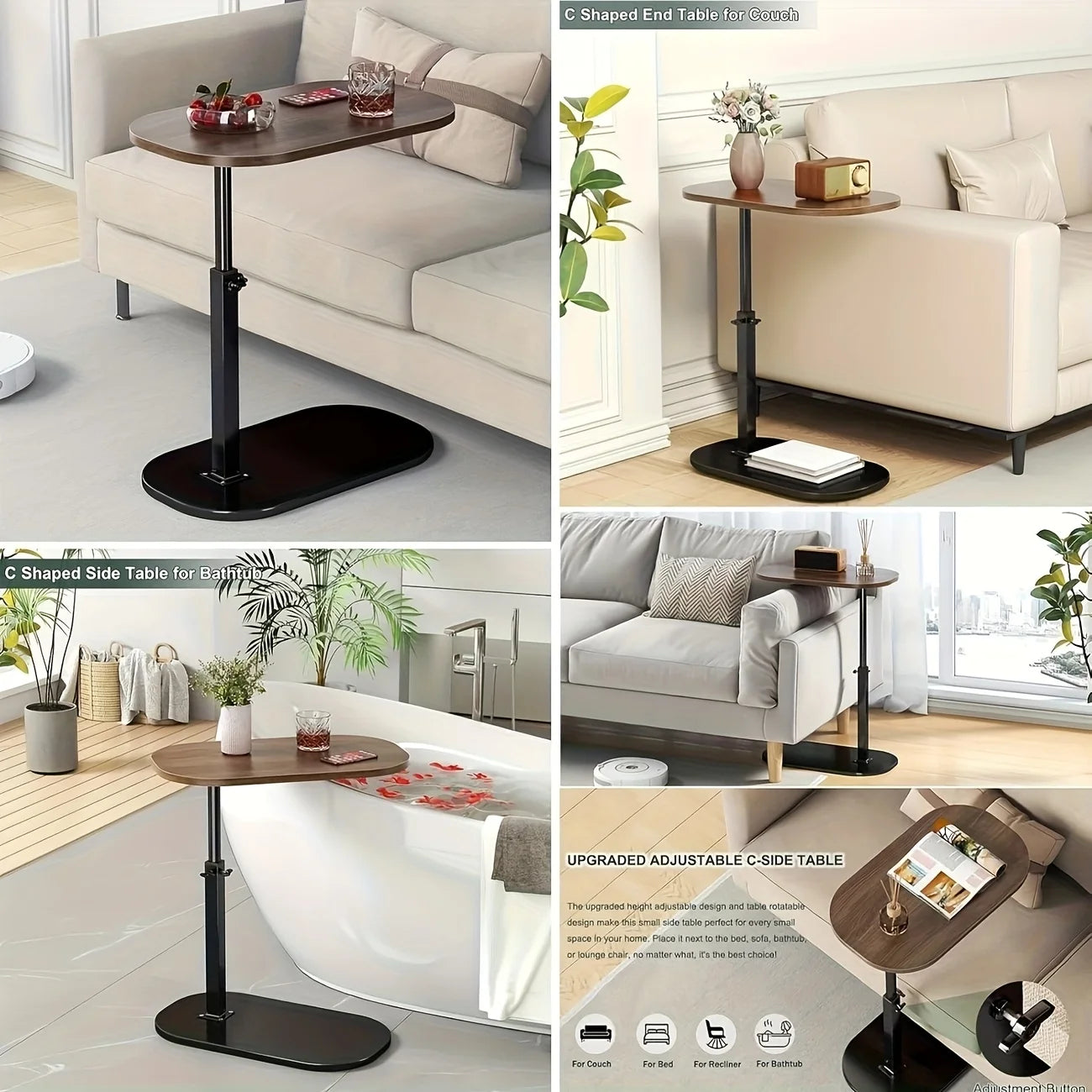 Adjustable Height Table - with Wooden Tabletop, Portable Sofa Side Table, Suitable for Coffee, Office, and Indoor/Outdoor Use