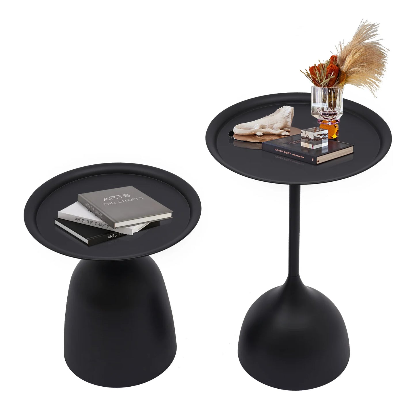 2 Sizes Nesting Iron round Side Tables Matte Black High-Temp Baking Anti-Scratch Rustproof Raised Edge Prevent Item Slip Wide Stable Base Each Holds 4KG Fast Assembly Modern End Table for Living Room Bedroom Balcony Practical Housewarming Gift