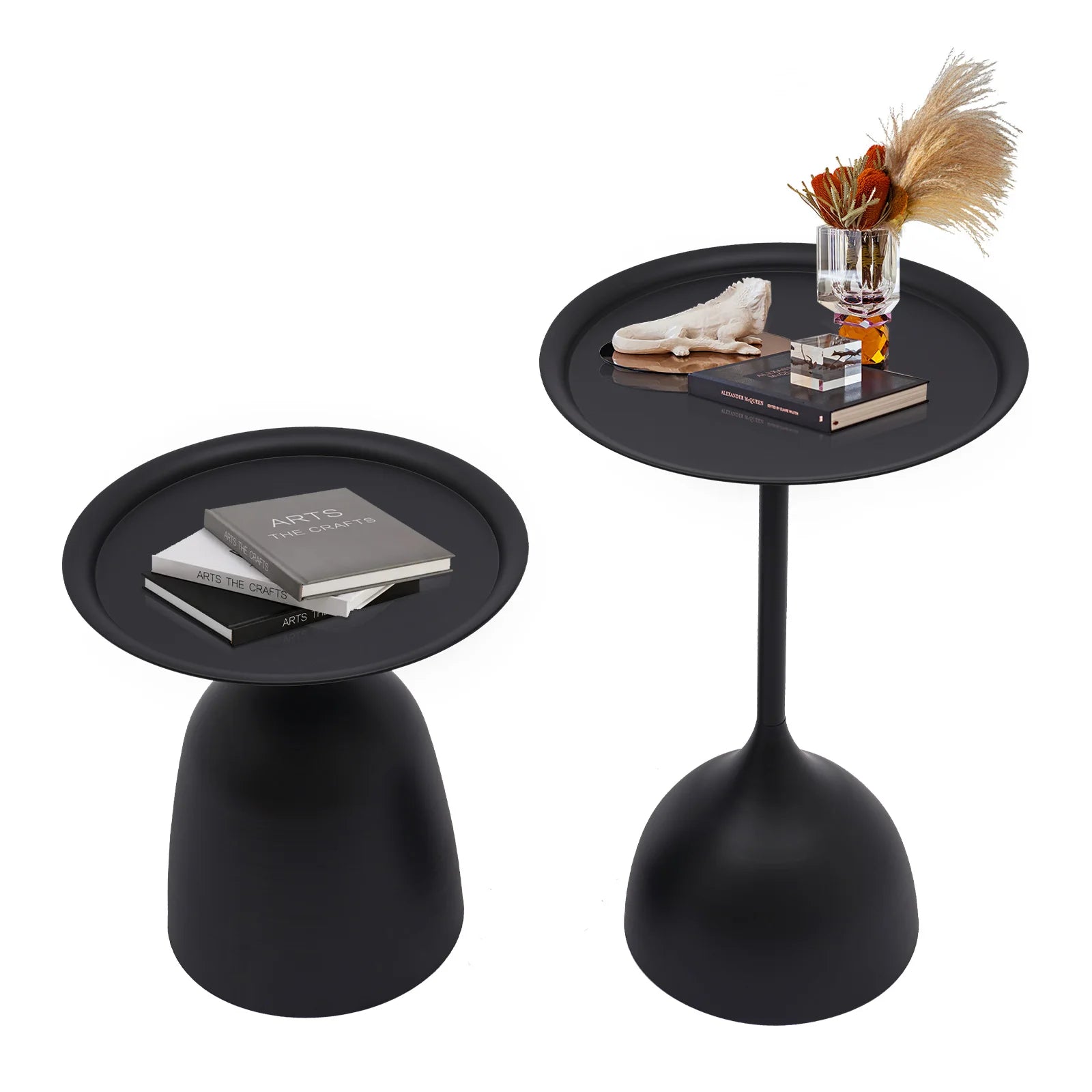 2 Sizes Nesting Iron round Side Tables Matte Black High-Temp Baking Anti-Scratch Rustproof Raised Edge Prevent Item Slip Wide Stable Base Each Holds 4KG Fast Assembly Modern End Table for Living Room Bedroom Balcony Practical Housewarming Gift